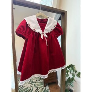 Jessica Ann Girls Red Velvet Puff Sleeve Dress with Lace Collar Size 2T Vintage